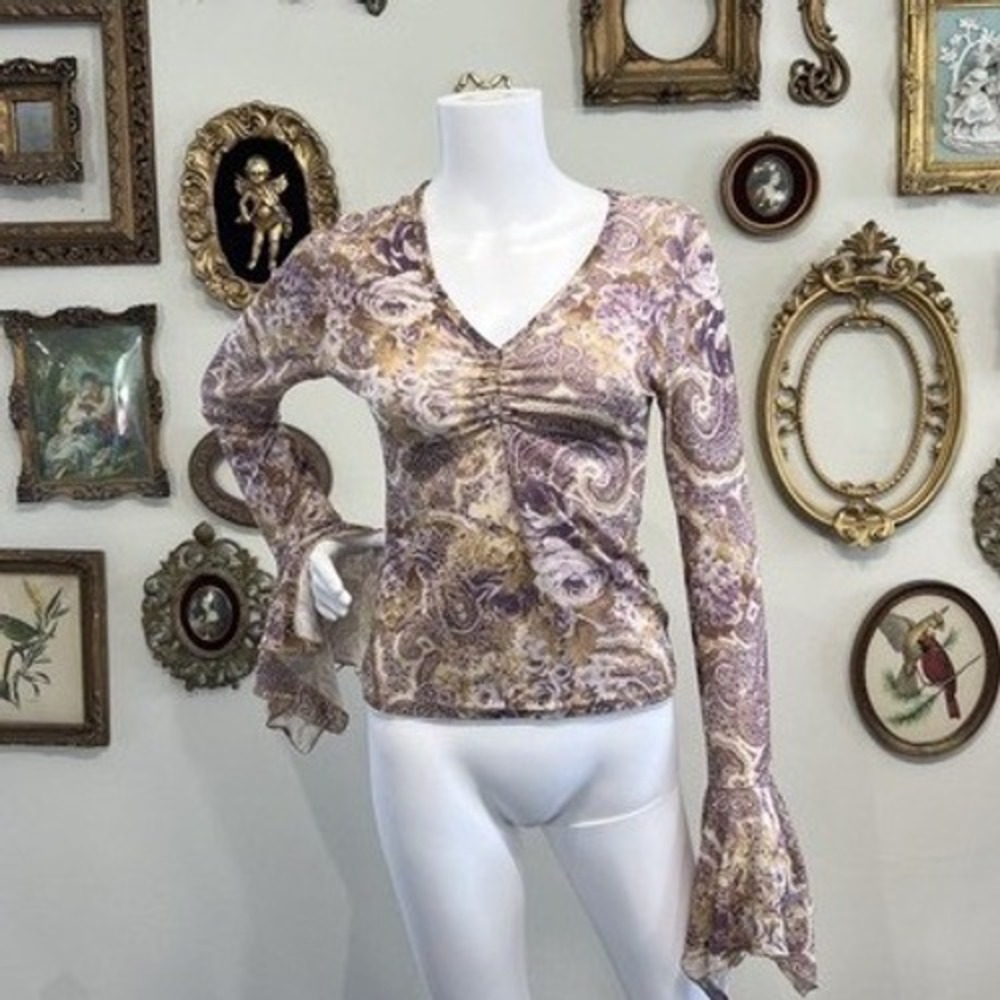 Can't Miss Vintage Purple Floral Paisley Glitter Bell Sleeve Top